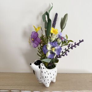 Handmade Faux Pansy Mix Floral Arrangement In Spotted Dog Planter